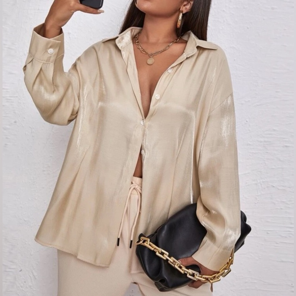 champagne Sparkly Button Down Top